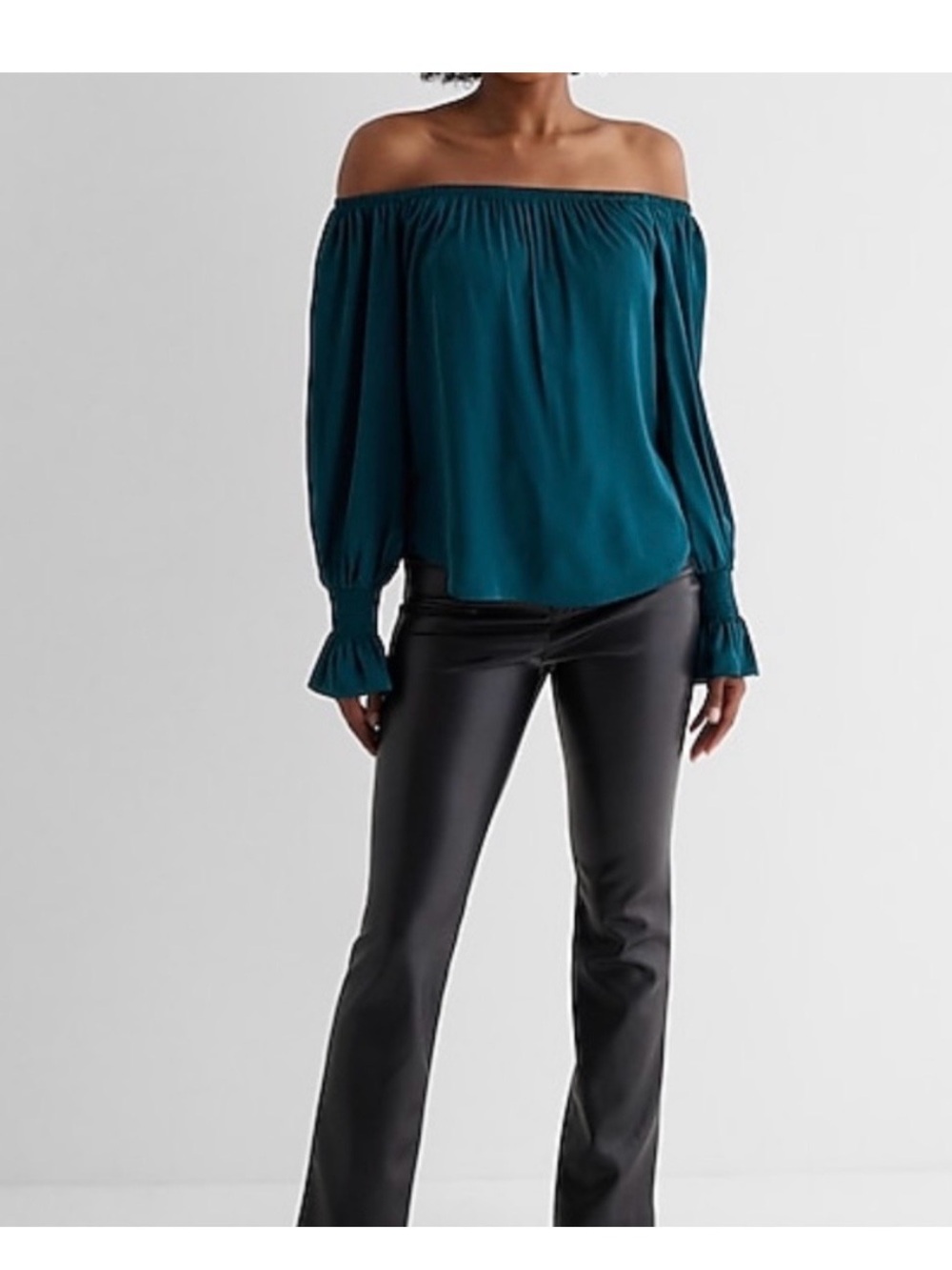 Express Off-Shoulder‎ Satiny Long Sleeve Blouse Teal. Size large.